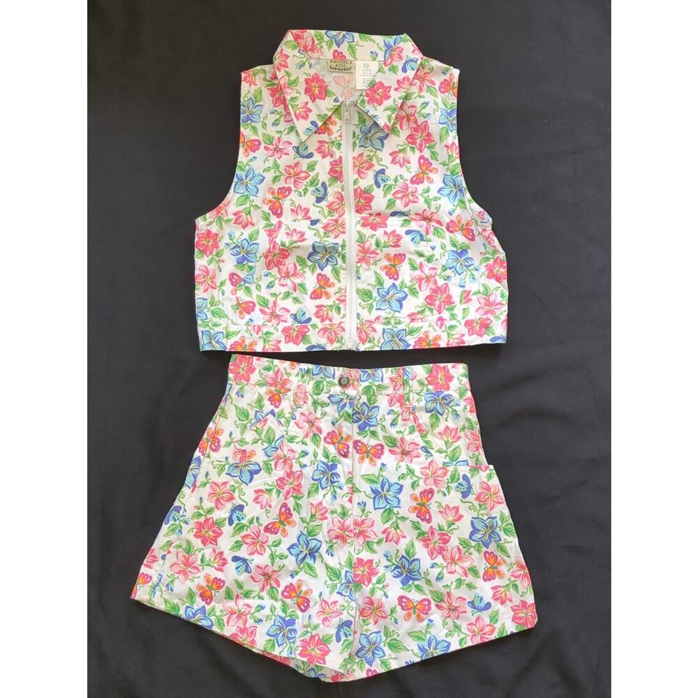 Vintage White Floral Butterfly Denim Zip Vest Top + Shorts Set Festival Small